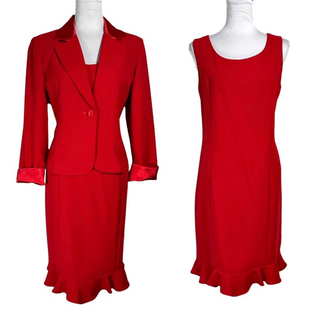 NWT Y2K Flame Red Jacket Dress Suit Size 14 Petite Satin Trim VTG Danny & Nicole